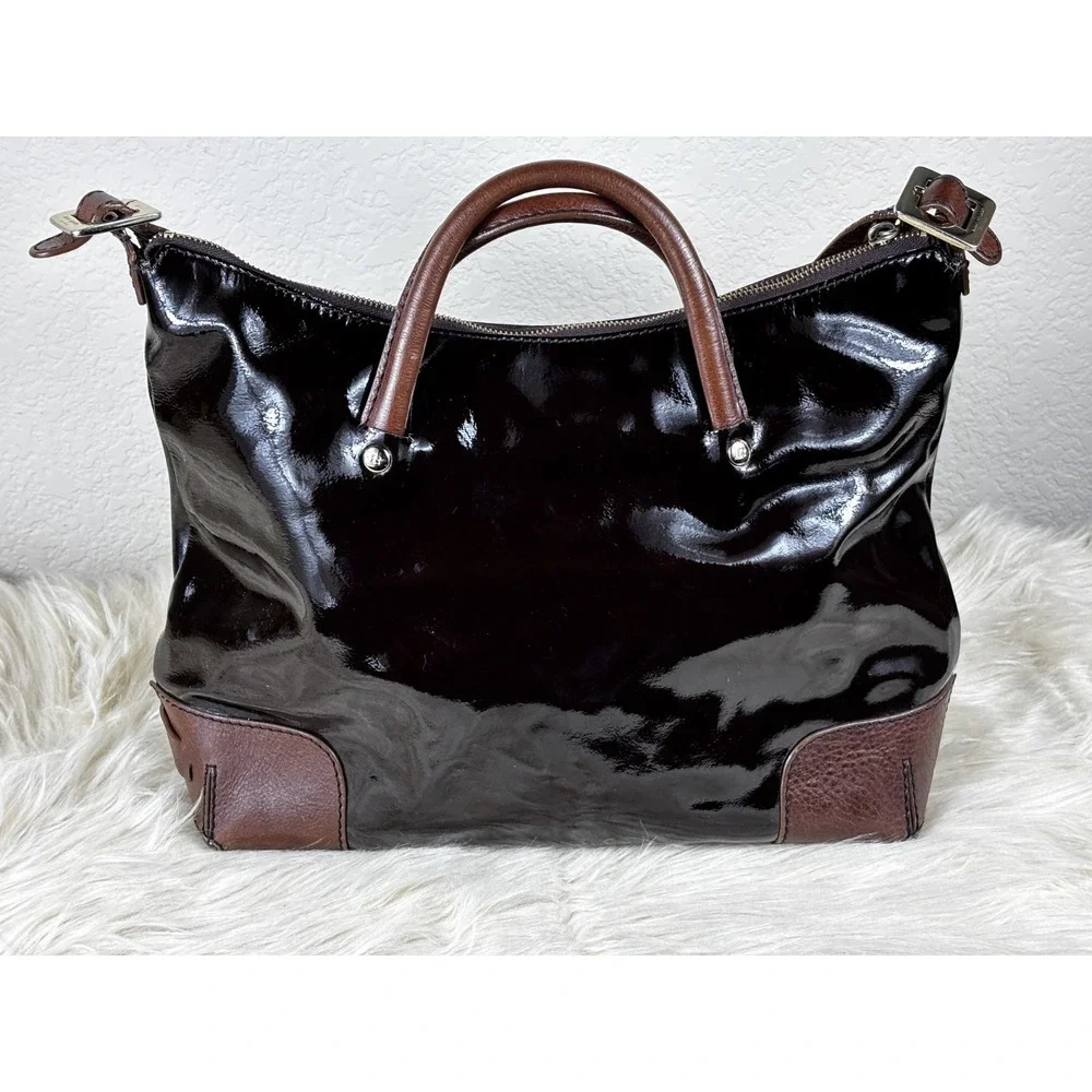 Kate Spade Patent Leather Satchel Black‎ Brown Trim Gold Tote Designer Chic Bag